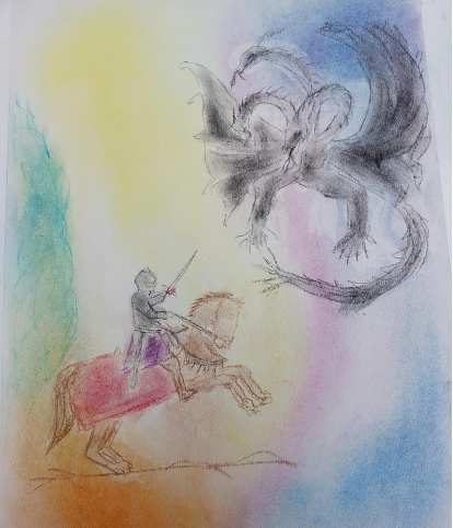 Dibujo en pastel de un caballero a caballo que alza su espada frente a un dragón oscuro, sobre un fondo de colores suaves