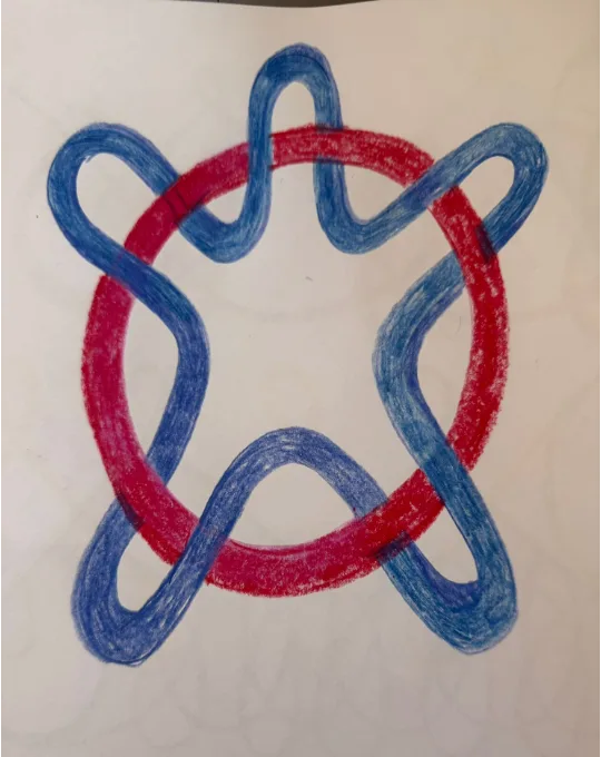 Dibujo de formas: estrella de trazo azul entrelazada con un círculo rojo
